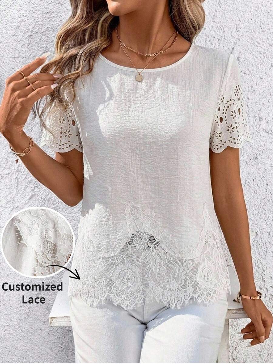 SHEIN Clasi 度假風蕾絲優雅女款襯衫 - 米色 - 查看 1