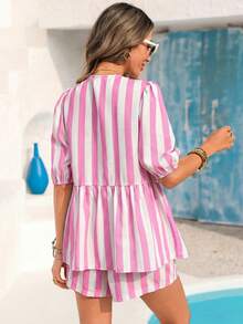 Women's Striped Textured Fabric Shirt With Front Knot And Loose-Fitting Shorts Set, Perfect For Beach Vacations, Spring/Summer - Rosa - View 6