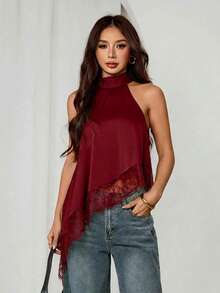 SHEIN PETITE 不對稱高領掛脖蕾絲飾邊上衣，晚宴派對雞尾酒會正式優雅無袖襯衫，適合度假夜出、婚禮賓客、夏季與秋季，露肩上衣，適合嬌小女性 - 紅色 - 查看 6