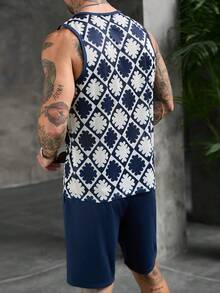 Manfinity Homme Conjunto de camiseta de tirantes y pantalones cortos con estampado geométrico integral casual y fresco para hombre, estilo de verano, vacaciones - Multicolor - Ver 3