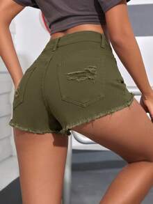 SHEIN PETITE 女款夏季休閒水洗破洞牛仔短褲，適合嬌小女性 - 軍綠色 - 查看 2