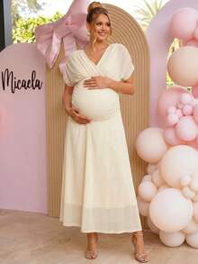 Loomaby Pregnant Women's Solid Color Crossed V-Neck Batwing Sleeve Elegant Dress,Gender Reveal Dress,Maternity Dress,Baby Shower Dress - Khaki - View 15
