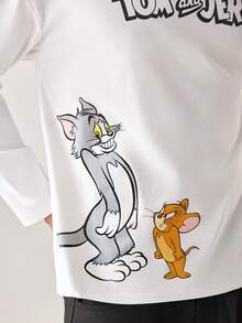 Strevion TOM & JERRY 男士休闲百搭汤姆和杰瑞元素印花长袖T恤，适合春秋季穿着 - 白色 - 查看 5