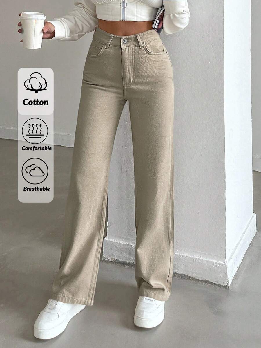 SHEIN بنطلون جينز مستقيم بخصر عالي مقاس كبير، أسلوب كاجوال، لون بيج، غسيل شطف، قصة عادية، بأزرار أمامية - بيج - مشاهدة 1