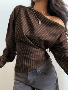 Siren Gaze Women's Striped Asymmetrical Shoulder Casual Versatile Daily Outing Top - Brown - View 5
