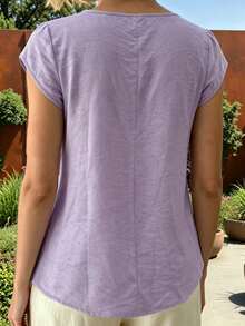 Linhara CURVE Plus-Size Women's Spring/Summer Fashion: Casual, Simple, And Versatile Retro Purple Solid-Color Pleated Design With Lace Trim Women's Shirt-Perfect For Spring And Summer Outfits - Purple - View 3