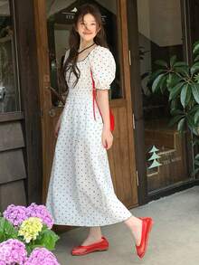 DAZY 女款波點優雅派對花瓣袖洋裝，韓系夏季風格 - 白色 - 查看 9