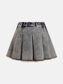 Rok Denim Vintage untuk Remaja Perempuan, Modis, Serbaguna, Nyaman, Kasual, Sederhana, dengan Pinggang Elastis dan Lipit. - Biru - View 2