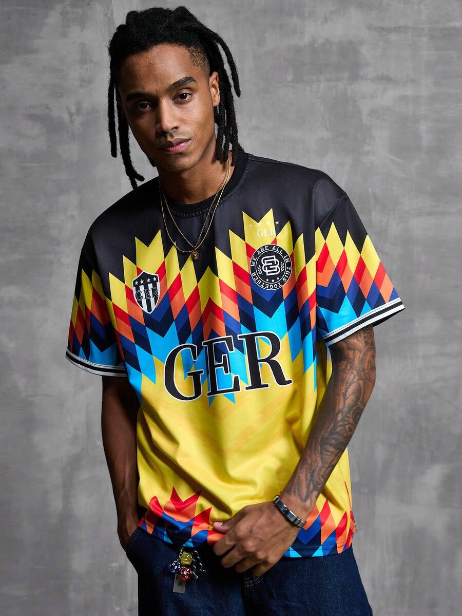 Manfinity Denimwave Men's GER Geometric Print Football Soccer Jersey T-Shirt, World Cup Inspired Casual Top, Ideal For Matches, Game Day, Street & Daily Wear, Suitable For Fans, Adults, Teens & Casual Guys