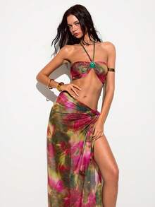 Barévion Vacation Style Pink And Green Floral Halter Neck Swimsuit Set, Sexy Tropical Mesh Split Maxi Dress Beach Cover-Up 2pcs Summer - Multicolor - View 1