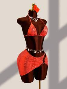 Zestiva Conjunto de Bikini de Verano para Playa con Cuello Halter, Lentejuelas y Hebilla de Anillo - Naranja - Ver 6