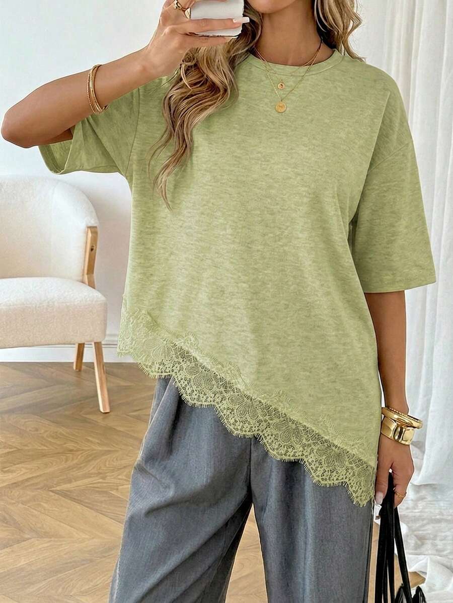 SHEIN LUNE Women's Casual Solid Color Ribbed Asymmetrical Hem Lace Patchwork Spring/Summer Daily Basic Outing T-Shirt Brunch Sage Green - Green - View 1