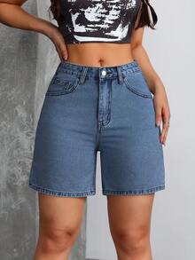 SHEIN Tall Celana Pendek Denim Wanita Kasual Gaya Y2K dengan Saku dan Kancing, Ukuran Wanita Tinggi - Biru - View 4