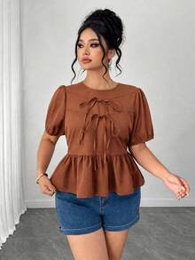 Elenzga Plus Size Women's Summer Solid Color Round Neck Puff Short Sleeve, Front Bow Tie, Cropped Ruffle Hem Blouse - Brown - View 3