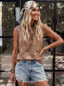 SHEIN LilyWest Chaleco casual de verano estilo occidental campestre para mujer, mezcla de lino marrón, gasa de burbuja con estampado de anacardo, cuello redondo, sin mangas, con volantes y bordado falso - Marrón - Ver 5