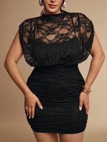 SHEIN BAE CURVE Vestido mini de encaje negro para mujer talla grande - Negro - Ver 8
