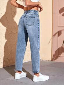 SHEIN PETITE بنطلون جينز دنيم مغسول بقصة ضيقة كاجوال للنساء الصغيرات - ازرق ضبابي - مشاهدة 2