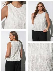 Maija Plus Size Women's White Textured Crochet Lace Fabric Fitted Round Neck Sleeveless Tank Top, Elegant Cruise Wear, Wedding Guest Brunch Formal Attire - Beige - View 6