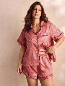 Charlaine Plus Leopard Jacquard Contrast Piping Satin PJ Set / Pajama Set - Rusty Rose - View 1