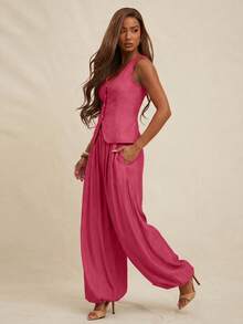 NYA SZN Matching Set Top & Pant Vest Plunge Neck Button Up Fitted High Rise Flowy Pleated Office Business  Everyday Casual Brunch Modest Outfits For Women - Red - View 5