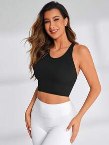 SHEIN Sports 女士纯色运动健身背心健身房上衣修身衬衫 - 黑色 - 查看 4