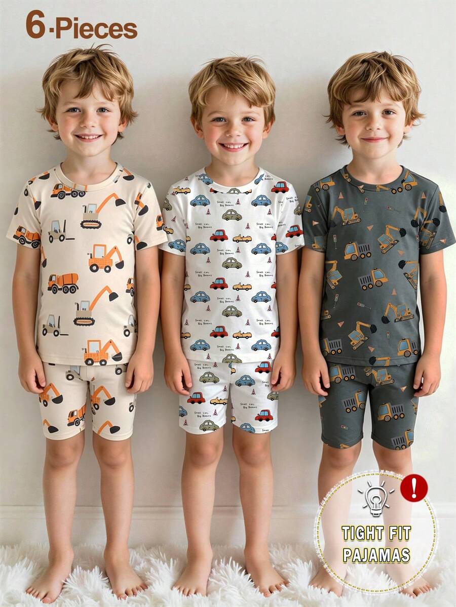 SHEIN GraphicGems 6件套男童工程车印花短袖短裤针织柔软贴身睡衣家居服套装 - 彩色 - 查看 1