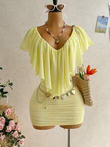Soleia New Romantic V-Neck Ruffle Low Waist Ruched Slim Fit Bodycon Mini Skirt Women's 2-Piece Set For Beach, Cruise, Holiday, Date, Afternoon Tea, Vacation, Music Festival, Bohemian, Summer, All Season Wear - Light Yellow - View 9