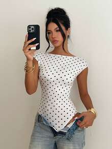 Aloruh Women's Elegant Off-Shoulder Backless Fitted Polka Dot Short Sleeve Bodysuit - Multicolor - View 6
