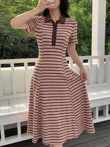 Modelyn Women's Spring/Summer Pink Knit Textured Striped Color-Block Brown Knit Button Polo Collar Cinched Waist A-Line Elegant Romantic Midi Dress - Multicolor - View 5