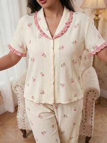 Modelyn Conjunto de pijama de mujer con estampado floral y cuello en forma de corazón, esplendor floral abundante de temporada navideña, detalles acogedores y elegantes - Albaricoque - Ver 3