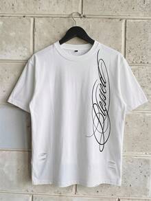 RHETRK Plus Size Men's Street Style Hip Hop Minimalist Handwritten Letter Print Loose Short Sleeve T-Shirt, Fashionable Choice For Summer - White - View 1