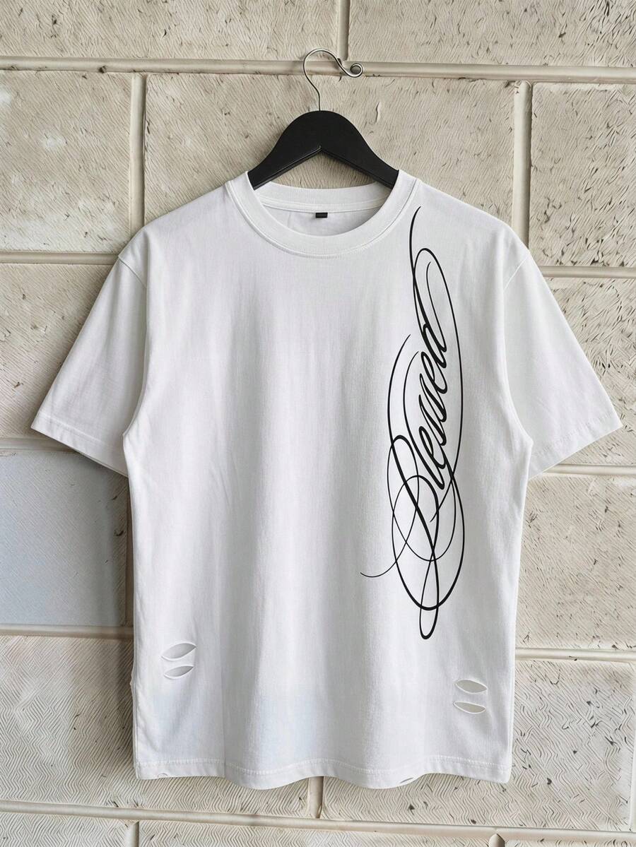 RHETRK Plus Size Men's Street Style Hip Hop Minimalist Handwritten Letter Print Loose Short Sleeve T-Shirt, Fashionable Choice For Summer - White - View 1