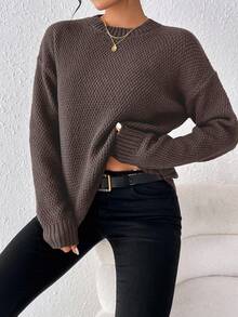 SHEIN LUNE Women's Solid Color Round Neck Drop Shoulder Long Sleeve Casual Sweater - Coffee Brown - View 4