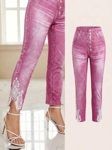 SHEIN Clasi Große Größen Hohe Taille Elastisch Kariert Einfach Slim Fit Lässig Hose,Büro Outfits Für Frauen - Korallenrosa - Übersicht 1