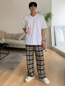 DAZY 春夏格紋長褲搭配白色短袖T恤男士居家服睡衣套裝 - 彩色 - 查看 4