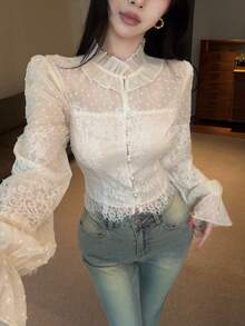 Joudiya Spring Summer Elegant Lace Patchwork Beige Women's Blouse - Beige - View 3