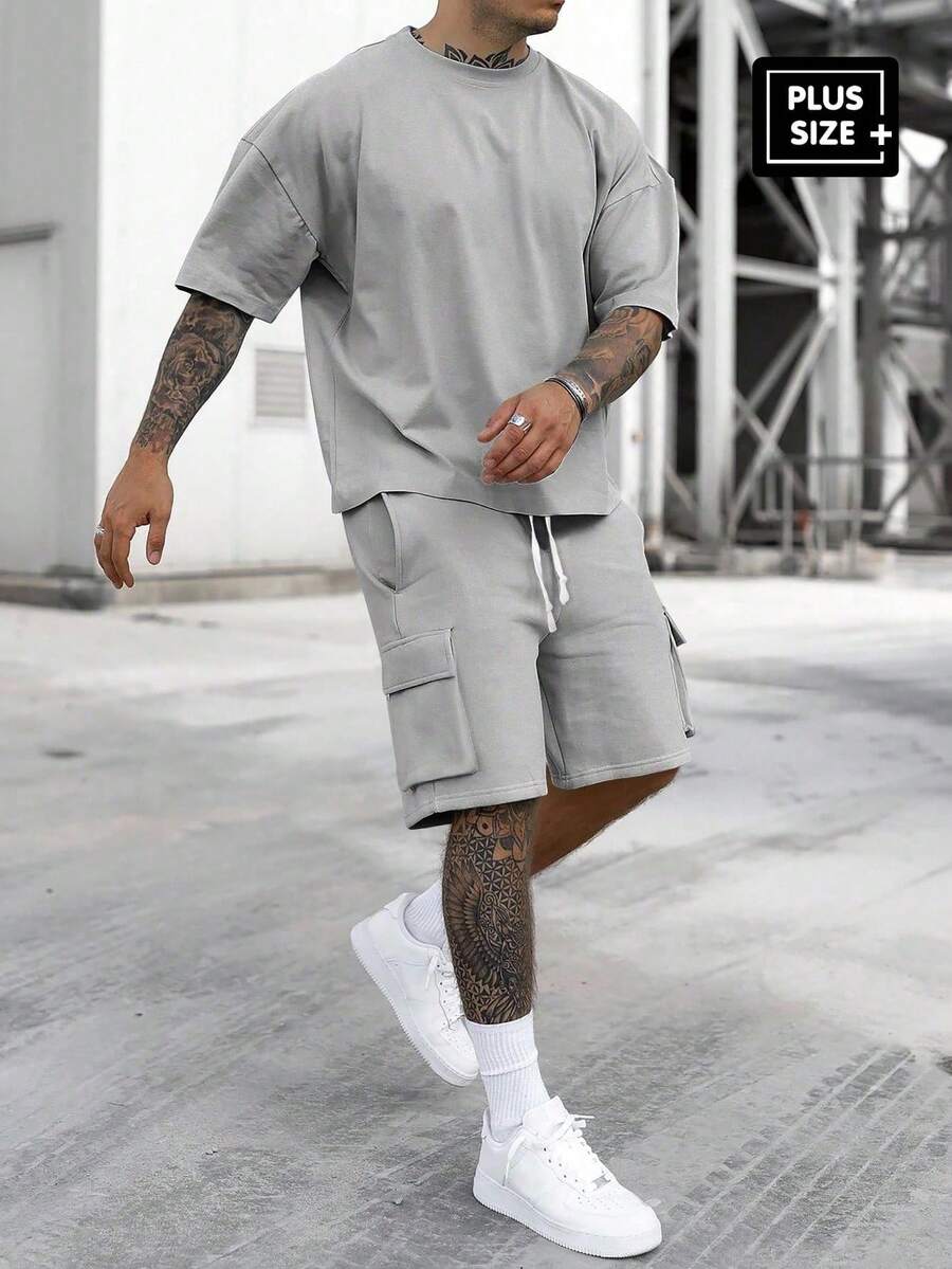 Manfinity Homme Men's Solid Color Dropped Shoulder Crew Neck T-Shirt And Drawstring Pocket Knee Length Shorts Set - Light Grey - View 1
