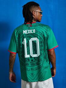 Manfinity Denimwave Retro Totem Fußballtrikot mit mexikanischem Maya-Blume Muster, Kurzarm #9 Spielerversion, Kontrast-Rundhals-Fußballtrikot, lässiges Fußball-Trainings-T-Shirt, Herren Grafik-T-Shirt, Damen Grafik-T-Shirt, Herren modischer Sportoberteil, Fußball/Fußball-Ausrüstung - Verschiedenfarbig - Übersicht 2