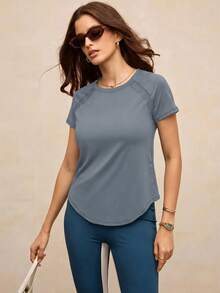 Activina Women's Solid Color Round Neck Mesh Patchwork Raglan Sleeve Waist-Defining Slimming Sports T-Shirt - Blue - View 8