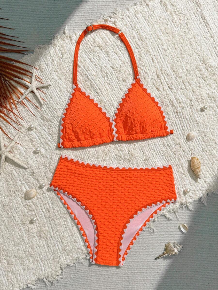 Tween Girl Special Fabric Floral Design Triangle Bikini Suitable For Vacation, Beach, Seaside, Swimming