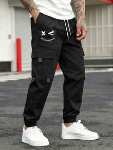 Manfinity Hypemode Loose Men's Expression Print Flap Pocket Drawstring Waist Cargo Pants, Fall - Black - View 1