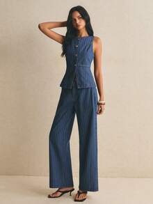Poéselle Bộ đồ denim nữ phong cách tối giản gồm áo tank top sọc cài đơn và quần dài suông thoải mái thường ngày - Rửa tối - Xem 4