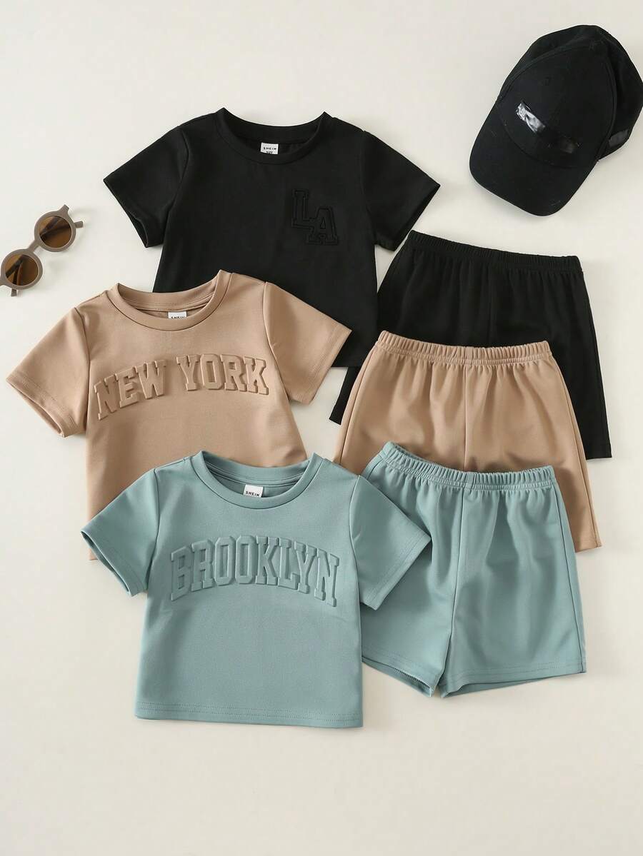 SHEIN 6件組男嬰幼童休閒寬鬆字母圖案圓領T恤與短褲套裝,適合通勤、上學、日常穿著、運動活動,春/夏季 - 彩色 - 查看 1