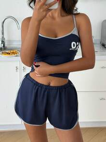 ZzzCrew Sporty Hot Girl Slim Fit Color Block Patchwork Number Print Camisole & Shorts Pajama Set For Women - Multicolor - View 5