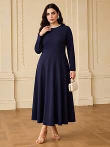 ZEYLAH Elegant Round Neck Pearl Decor Long Sleeve Fit & Flare Dress, Spring/Summer Fall - Navy Blue - View 6