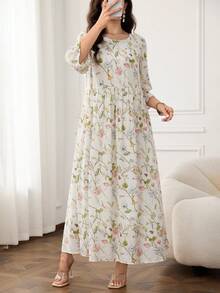 Al Najma 女款優雅花卉印花阿拉伯風洋裝，適合晚宴、聚會、生日 - 彩色 - 查看 2