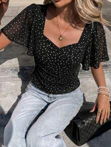Modelyn Women's Summer Casual Romantic Polka Dot Print Shirt Going Out Black And White Polka Dot - Black - View 6