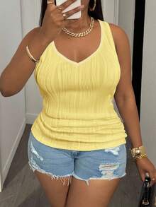 Slaydiva Plus Size Women's Casual Basic Tank Top, Deep V-Neck And Fine Ribbed Texture, White - Light Yellow - View 5