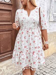 Breezaya Plus Size Pastoral Boho Floral V-Neck Short Sleeve Water-Soluble Flora Lace Patchwork Tassel Dress Vacation Summer Beach Festival Party White - Multicolor - View 6
