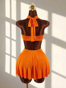 Amplova Sleeveless Draped Neck Bodycon Mini Dress - Orange - View 11